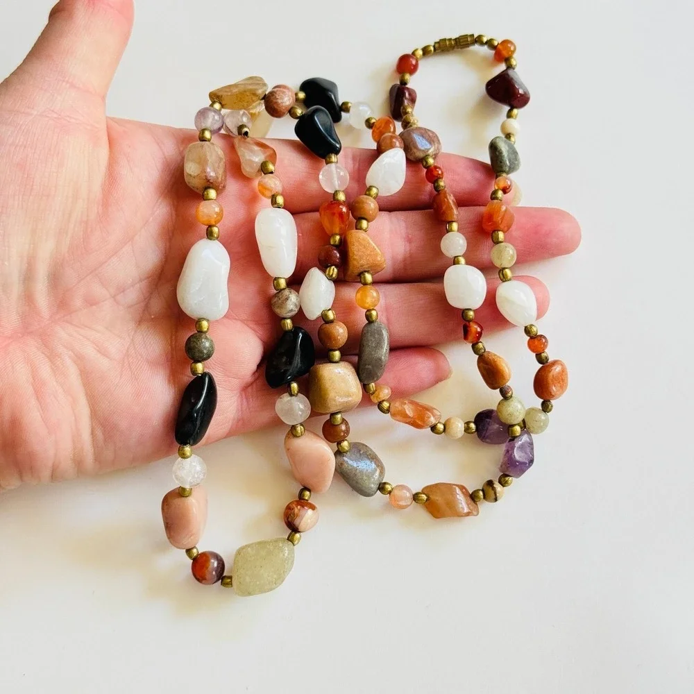 VTG NECKLACe carnelian quartz jasper Beggars round‎ Beads Natural Hippie 34